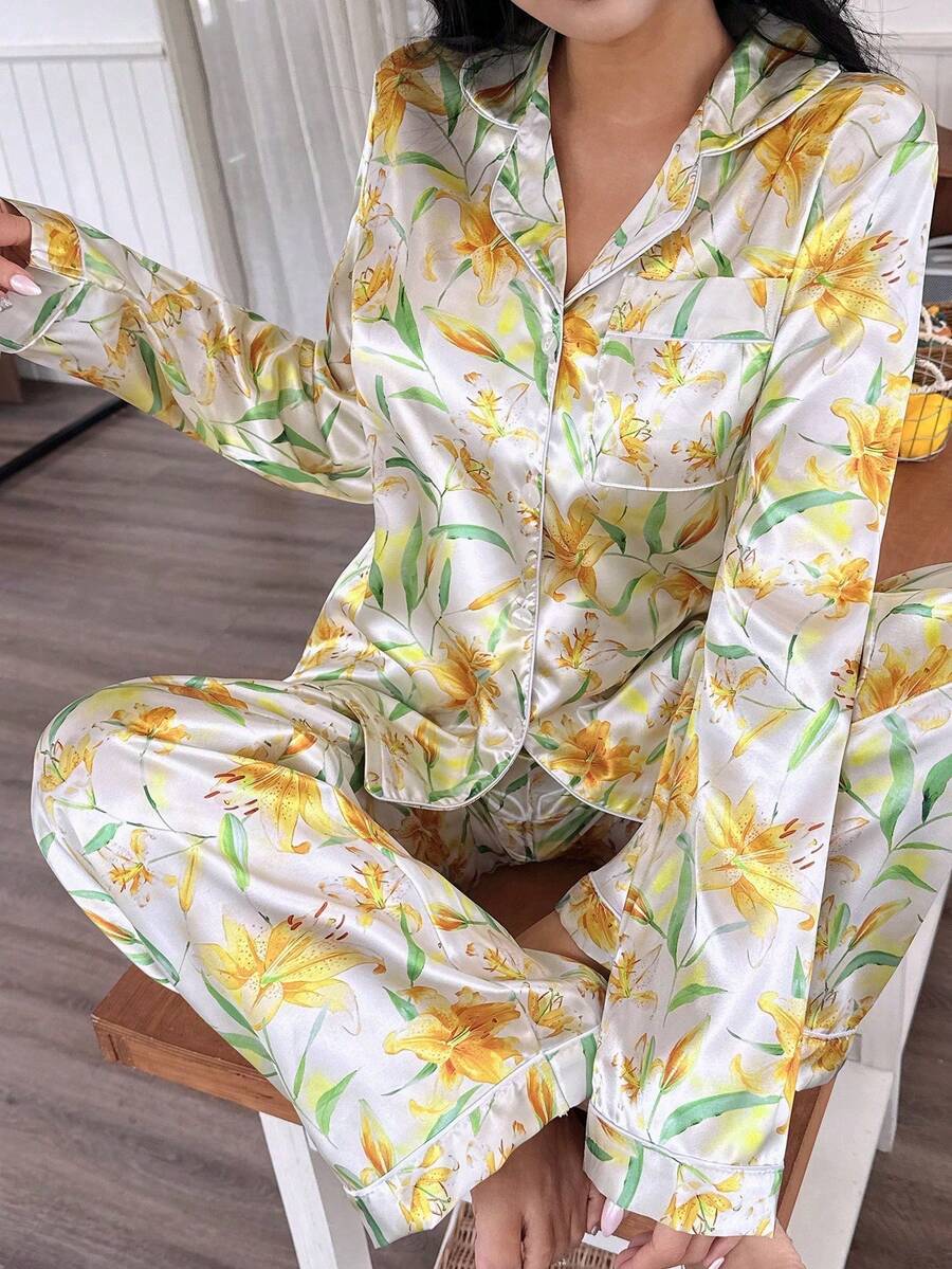 2pcs/Set Women's Floral Long Sleeve Long Pants Pajama Set - Multicolor - View 1