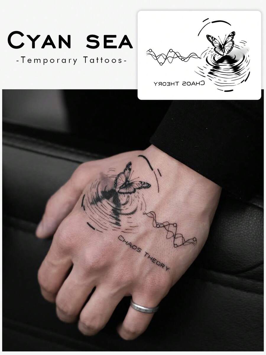 1pc Butterfly With Water Ripple Line And Letter Pattern Temporary Tattoo Sticker, Realistic Fake Tattoo Design, Suitable For Daily Use, Bachelorette Party Favors, Music Festivals, Cosplay, Graduation Gifts, Lasts 3-5 Days - Black - View 1