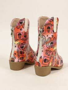 Toddler Paisley Flower Print Western Boots Vintage Chunky Heel Casual Mid-Calf Boots - Coral Orange - View 3