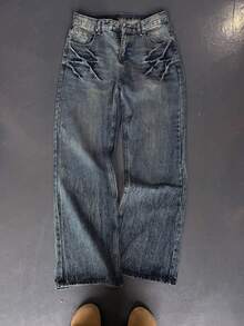 Oversized Vintage Washed Blue Baggy Jeans For Men, Loose Fit Retro Street Style Wide Leg Jeans With Distressed Details, Indigo Color, Y2K Fashion, Recommend Sizing Down - Dark Wash - View 1