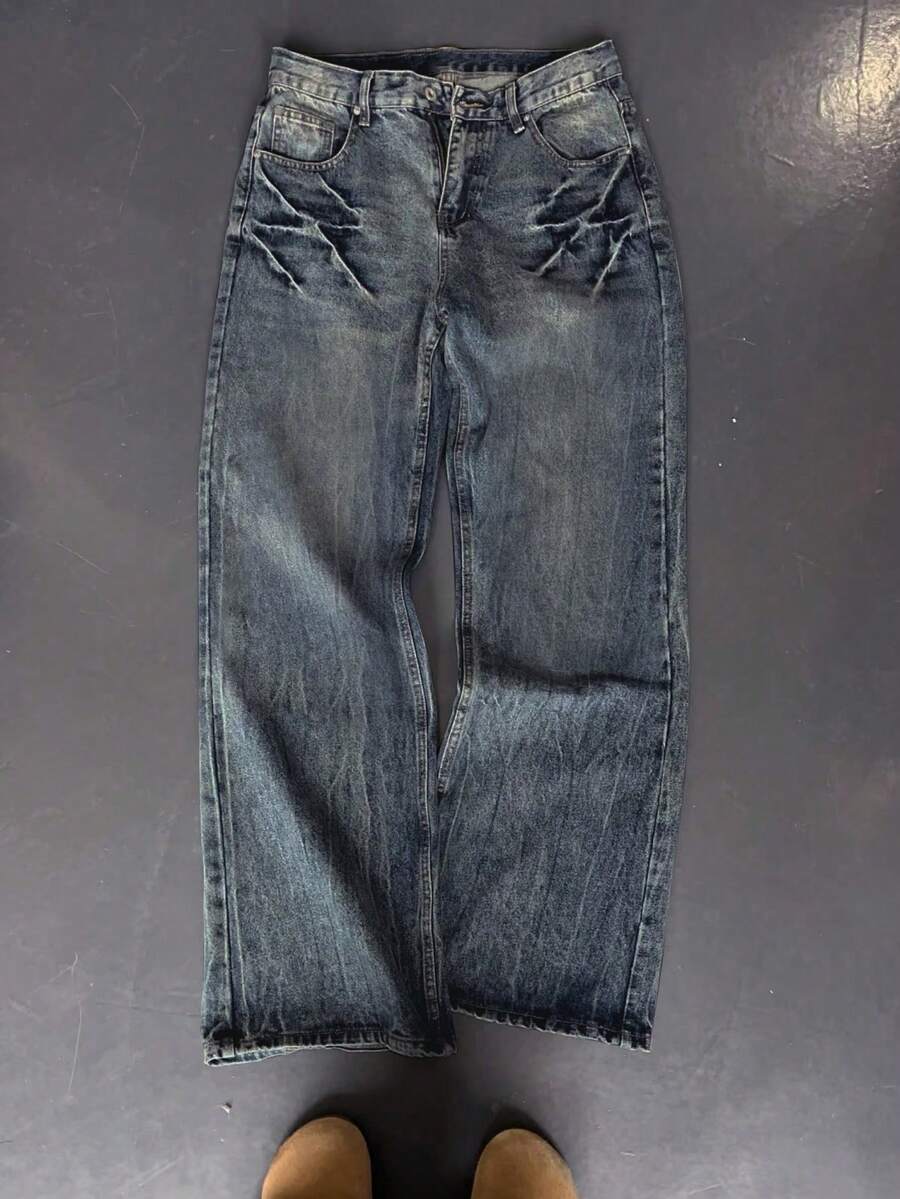 Oversized Vintage Washed Blue Baggy Jeans For Men, Loose Fit Retro Street Style Wide Leg Jeans With Distressed Details, Indigo Color, Y2K Fashion, Recommend Sizing Down - Dark Wash - View 1