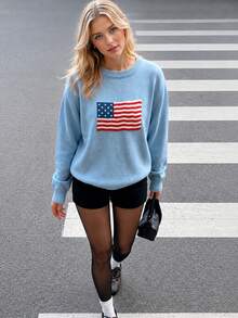 Sweater Wanita Terbaru untuk Hari Kemerdekaan, Leher Bulat, Warna Biru, Motif Bendera Amerika, Kerah Bergaris, Atasan Rajut Kasual Serbaguna untuk Pemakaian Sehari-hari - Biru - View 5