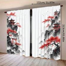 2件裝新中式水墨山水紅楓古建築窗簾，100%聚酯纖維半遮光布料，穿桿式窗簾，適用茶室、客廳、凸窗，傳統中式風格 - 彩色 - 查看 14