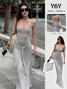 Y6Y Elegant French Style Women's Summer Fitted Waist Sleeveless Gray Dress, Slimming And Unique Design - Grey - View 10