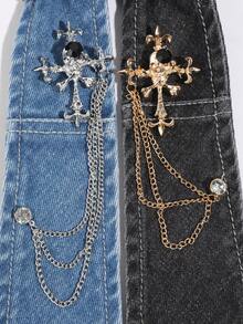 1PC Unisex Fashion Halloween Faux Rhinestone Cross Skull Chain Decor Perforated No-Hand-Punch Denim Tie, Comfortable Versatile For Halloween, Daily, Shopping, Party, Date - Multicolor - View 3