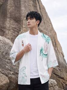 New Chinese Style Elegant Green Dragon Print 3/4 Sleeve Kimono Cardigan Men's Loose Fit Vintage Jacket - White - View 2