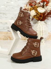 Girls' Double Buckle Boots, Autumn/Winter British Style Children's Side Zipper Ankle Boots, Thick Sole Non-Slip Fashion Casual Boots - Brown - View 2