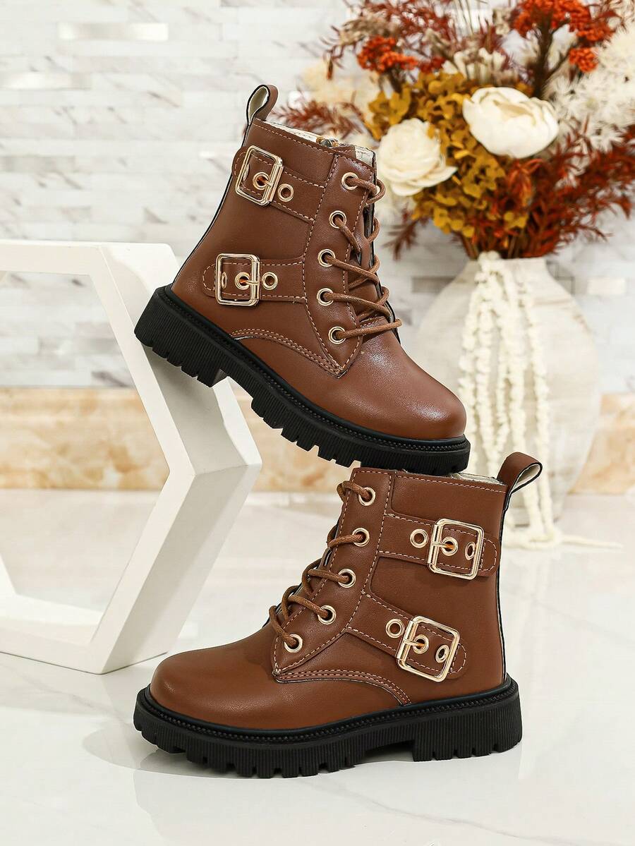 Girls' Double Buckle Boots, Autumn/Winter British Style Children's Side Zipper Ankle Boots, Thick Sole Non-Slip Fashion Casual Boots - Brown - View 1