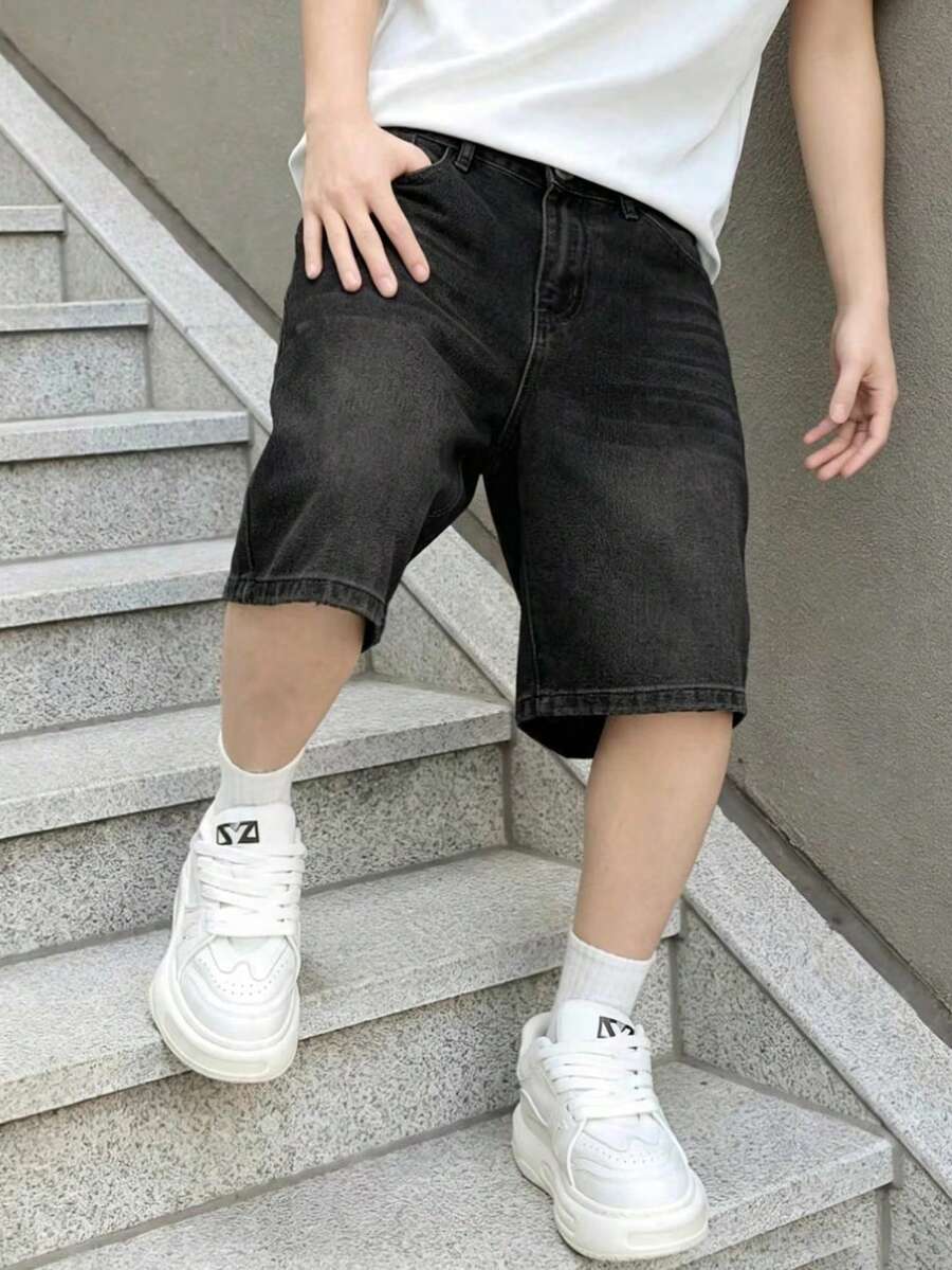 Teens' Fashionable Loose Straight Leg Denim Shorts - Black - View 1