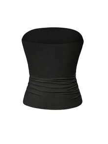 Women's Four Season Sexy Strapless Basic Solid Color Elastic Slim Fit Strapless Top, Spring And Summer Strapless Basic Vest Fashionable T-Shirt Casual - Black - View 4