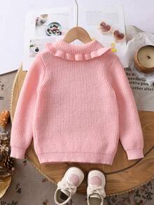 Girls Cute Solid Color Lace Collar Long Sleeve Knitted Cardigan Sweater, Suitable For Casual Daily Wear In Spring, Autumn And Winter - Pink - View 2