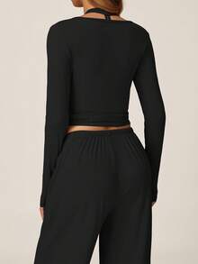 TimeOff Women's One Set Solid Color Cross Wrap Tie Waist Long Sleeve Cover Up With Elastic Drawstring Side Pockets Wide Leg Pants - Black - View 9