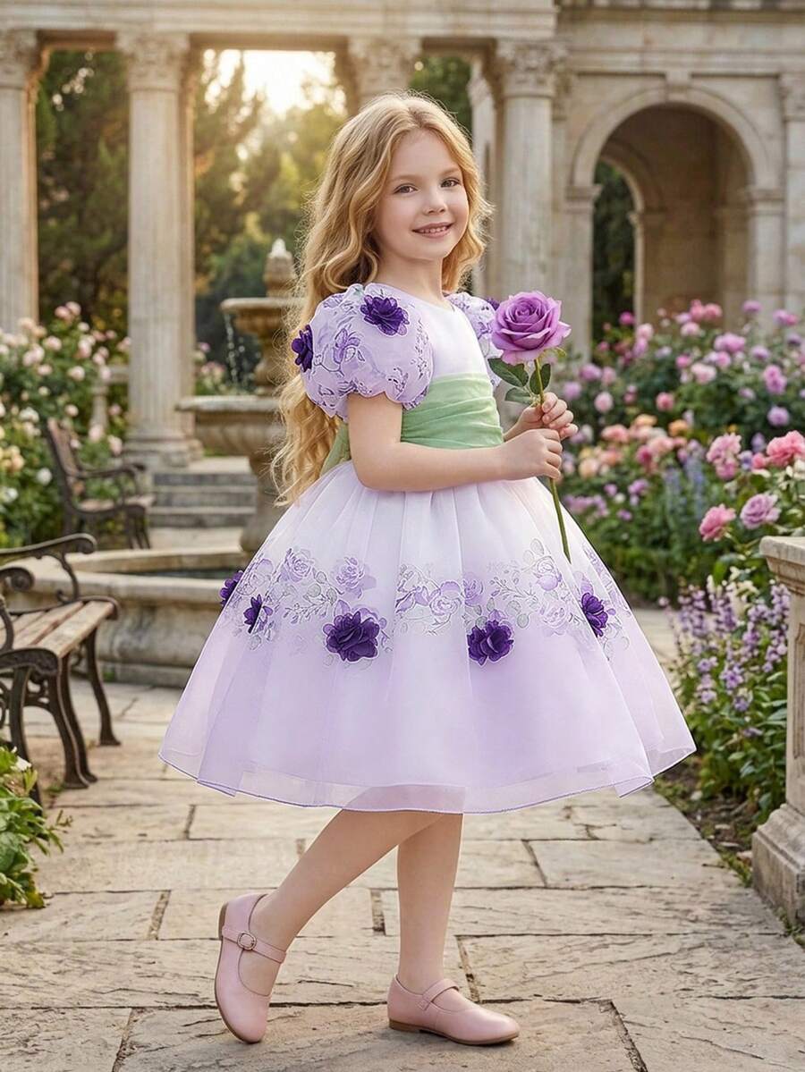 Young Girls Round Neck 3D Floral Contrast Print Pattern Mesh Organza Elegant Party Dress, Headband Not Included - Multicolor - View 1
