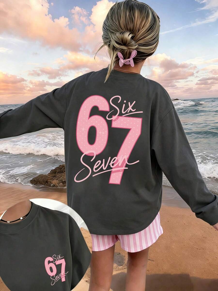 Tween Girl Casual Fun Print Crew Neck Pullover Long Sleeve T-Shirt Autumn/Winter Top - Dark Grey - View 1