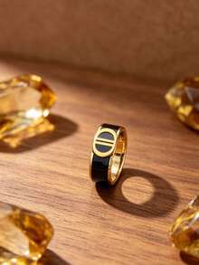 Vintage Pig Nose D Double Drop Oil Wide Band Ring For Women, Luxury High-End Ring, Classic Double D Letter Design, 3 Colors Available, Minimalist Versatile Commuter Jewelry, European And American Ins Style Niche Accessory, Textured Gold-Edged Enamel Craftsmanship, Suitable For Daily Wear, Parties, Couple Gifts, Layering Piece, Fashionable Elegant Women's Jewelry - Double D Drop Ring - View 4