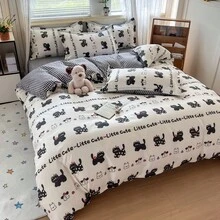 3/4 Piece Duvet Cover Set, Soft And Comfortable Bedroom Bedding, Cute Floral Cartoon Animal Pattern, Breathable Soft All-Season Bedding Set, Includes 1 Duvet Cover, 1 Bed Sheet, 1 Or 2 Pillowcases, No Filling, Suitable For Student Bed, Double Bed, Multiple Size Options - Black - View 3