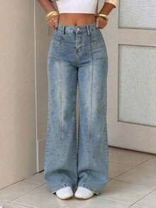 Pantalones de mezclilla rectos lavado, elásticos, efecto levantador de glúteos, control abdominal y caída amplia - Azul - Ver 4