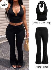 Deep V Neck Halter Top & High Waist Wide Leg Pants 2 Pieces Set Elegant Black - Black - View 2