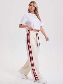 KyrLssu Simple Multi Stripe Casual Wide Leg Bottoms, Elastic Drawstring Waist Long Pants For Multi-Style Daily Matching - Beige - View 2