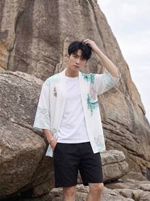 New Chinese Style Elegant Green Dragon Print 3/4 Sleeve Kimono Cardigan Men's Loose Fit Vintage Jacket - White - View 1