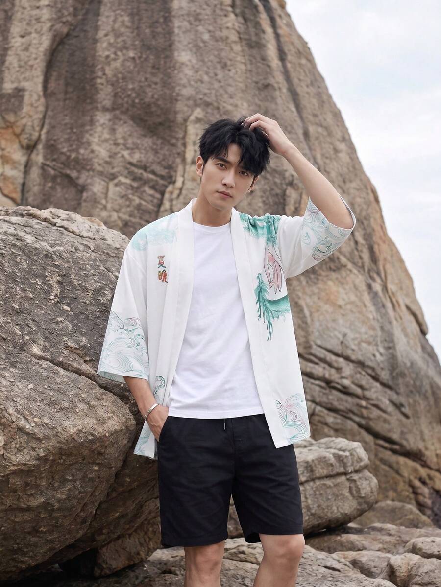 New Chinese Style Elegant Green Dragon Print 3/4 Sleeve Kimono Cardigan Men's Loose Fit Vintage Jacket - White - View 1