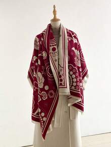 1pc Faux Cashmere Elegant Floral Pattern Jacquard Warm Scarf For Women, Air-Conditioned Room Blanket, Autumn/Winter Outdoor Travel Cold Protection Neck Warm Decorative Scarf Shawl Dual-Use, Suitable For Daily Matching, First Choice For Gifts - Burgundy - View 2