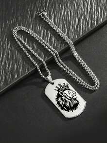 1 Piece Of Vintage Crown Lion Silhouette Dog Tag Necklace For Men, Stainless Steel Engraved Pendant Jewelry. - Silver - View 2