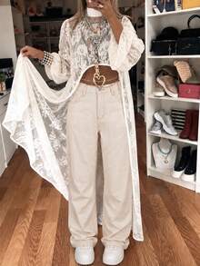 Women's Casual Elegant White Straight Leg Jeans, Extra Long Non-Stretch Retro Y2K Style Loose Fit Pants With Zipper Detail - Nude - View 2