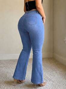 Plus Size Y2K Washed Denim Flare Jeans, Medium Stretch Long Bootcut Pants, Casual Wear Denim Jeans - Blue - View 4