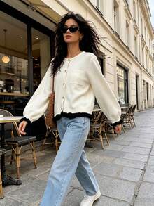 Women's Casual Bow Button Patchwork Contrast Color Pocket Knit Cardigan, Autumn/Winter - White - View 1