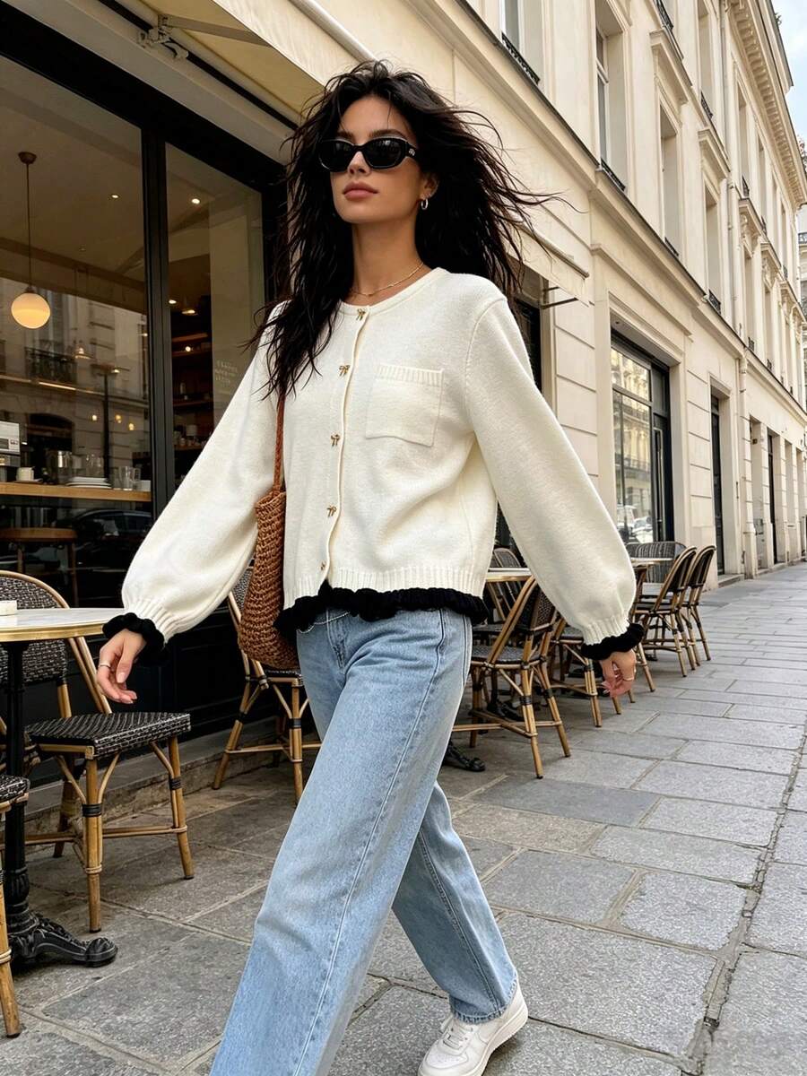 Women's Casual Bow Button Patchwork Contrast Color Pocket Knit Cardigan, Autumn/Winter - White - View 1
