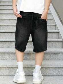 Teens' Fashionable Loose Straight Leg Denim Shorts - Black - View 2