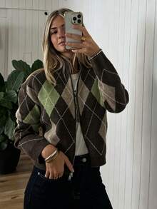 MORI Fall Winter Chic Casual Y2K Basic Brown Argyle Print Zip Up Stand Collar Knit Cardigan Sweater Jacket Women Going Out Outfits - Multicolor - View 7