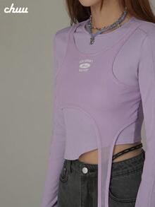 CHUU Camiseta de tela de punto de unicolor 2 en 1/deconstruida, top de patchwork estilizado para citas, deportes, uso diario en otoño/invierno - Púrpura malva - Ver 2