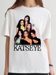 Vintage Katseye Bold Text Full Group Fashion Portrait Graphic T-Shirt Retro Y2K High Street Gothic Unisex Oversized Concert Fan Tee - White - View 1