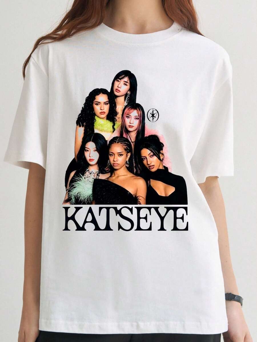 Vintage Katseye Bold Text Full Group Fashion Portrait Graphic T-Shirt Retro Y2K High Street Gothic Unisex Oversized Concert Fan Tee - White - View 1