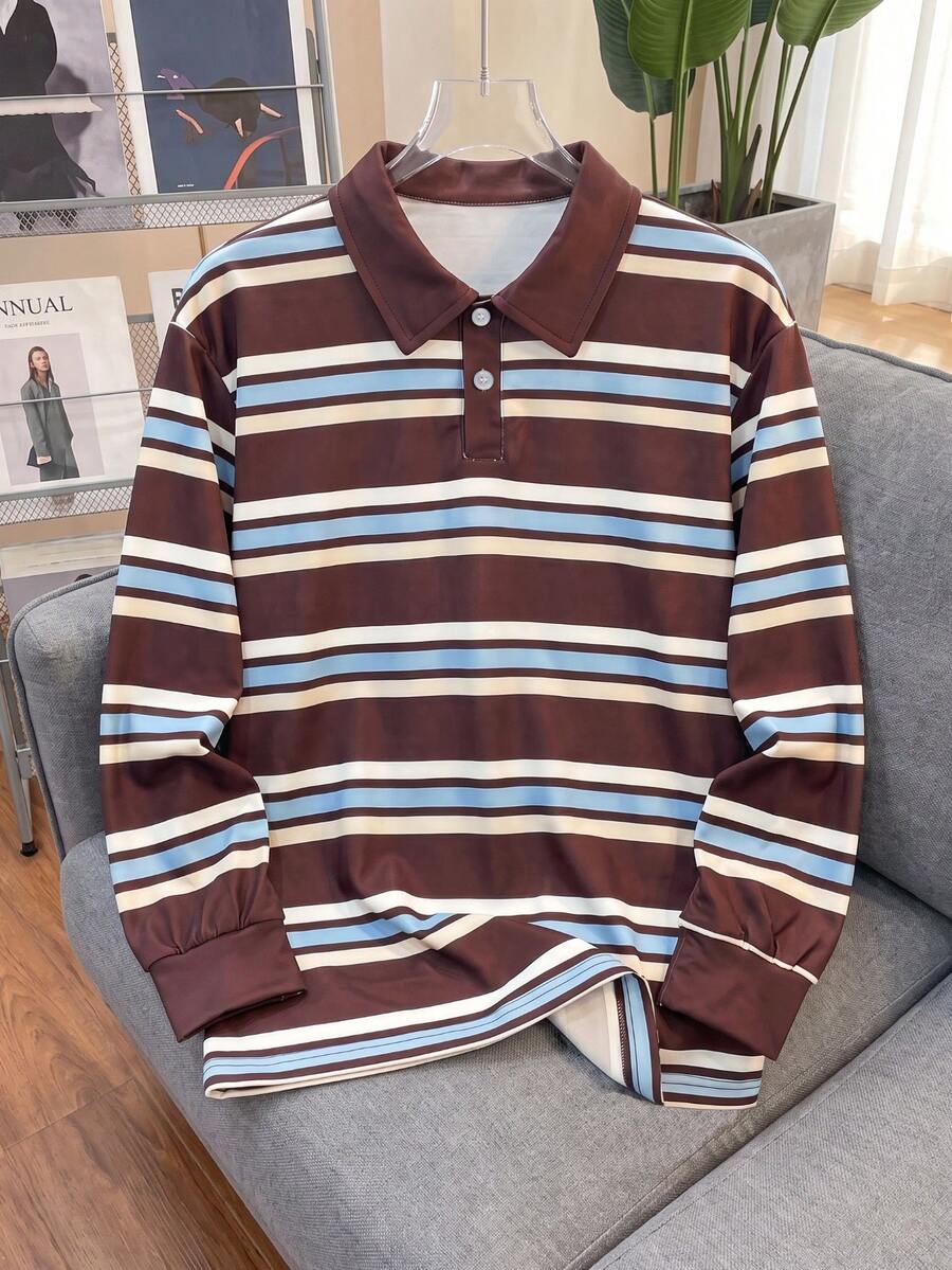 1pc Tween Boys Casual Versatile Vintage Classic Collegiate Style Three-Color Striped Fashion Design Long Sleeve Small Collar Loose Fit POLO Sweatshirt Spring/Autumn - Brown - View 1