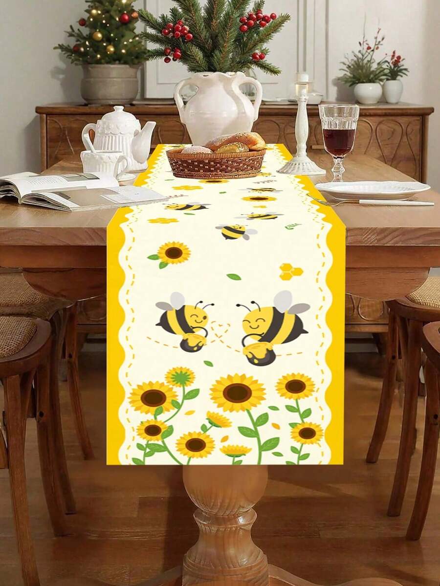 1pc 35*180cm Cute Yellow Bee & Sunflower Polyester Table Runner/Tablecloth, Birthday Party Dining Table Decor, Home Kitchen & Restaurant Tablecloth Decoration Fabric - Little Bee - View 1