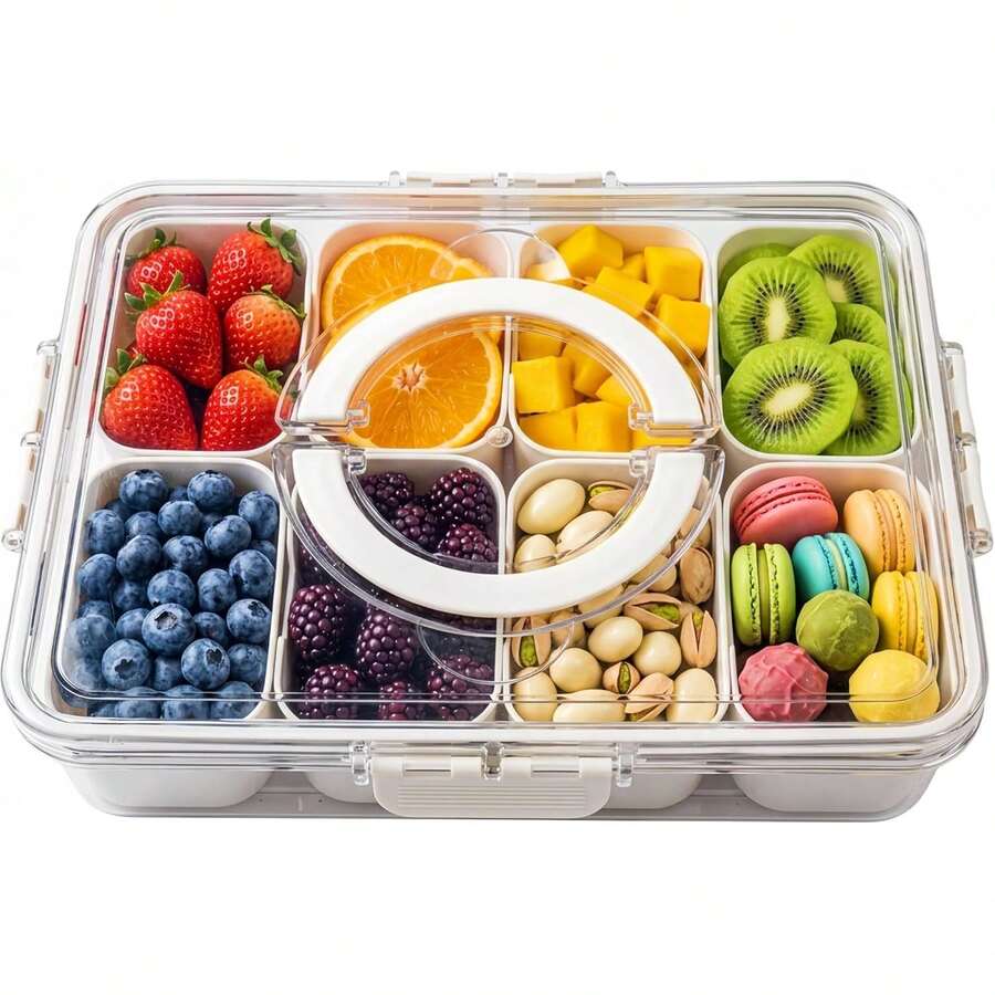 Snackle Box With Lid And Handle, Multi-Compartment Divided Snack Serving Tray, Dishwasher Portable Airtight Food Container Plane, Travel & Picnics, Party Organiser Fruit, Sweets - Cream White - View 1