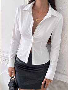 Kemeja Wanita Model Terbaru Musim Panas Lengan Panjang Slim Fit Kancing Depan dengan Kerah, Gaya Olahraga - Putih - View 15