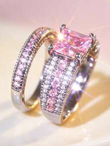Yayi jewelry 2PCS Women's Princess Square Double-Row Sparkling Rings, Wide Main Ring Paired With Double-Layer Thin Rings, Luxury Style Stackable Rings, Bridal Wedding Rings With Novel Design, Young Girl Engagement Anniversary Gift - Pink - View 4