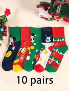 1/5/10 Pairs Disney Men's Mid-Calf Socks With Mickey Mouse Wearing Christmas Hat, Fun Christmas Socks For Autumn/Winter - Multicolor - View 8