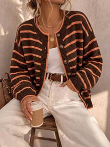 Women's Round Neck Single-Breasted Contrast Stripe Lantern Sleeve Knit Cardigan, Loose Casual Fashion Versatile, Retro Street Commute Style, Autumn/Winter - Brown - View 2