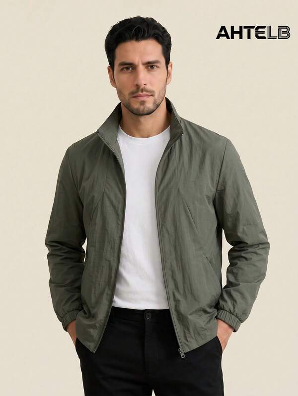 AHTELB Chaqueta casual de primavera/otoño para hombres, chaqueta deportiva delgada y transpirable con cuello alto y cremallera, bolsillos laterales con cremallera doble, puños elásticos, adecuada para el desplazamiento diario, senderismo al aire libre, escalada en montaña, deportes de correr y entretenimiento de ocio, regalo para esposo, novio, amigo y padre, ropa de gimnasio para hombres, ropa de ciclismo para hombres, chaqueta para hombres, cortavientos