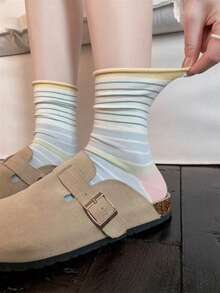 Korean Style INS Color Block Thin Striped Versatile Mid-Calf Socks, Japanese Retro Contrast Color Rolled Edge College Style Slouch Socks - Multicolor - View 7