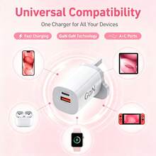 30W GaN電源適配器，USB-A + USB-C 雙埠設計，小巧口袋尺寸，便攜易攜帶，兼容多品牌數位裝置，CE 與 RoHS 認證，適用於居家、辦公室與旅行場景 - 英規插(220-240V) - 查看 2