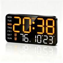 Large Digital Alarm Clock For Bedroom, Displays Temperature, Date And Day Of The Week, Adjustable Brightness And Volume, Desktop Or Wall Mount, Modern Home And Office Clock - Orange Color - View 8
