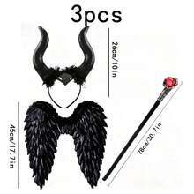 3pcs/Set Halloween Devil Costume, Includes Devil Horn Headband, Black Wings And Red Ball Scepter, Suitable For Halloween Events, Theme Parties And Cosplay - Multicolor - View 7