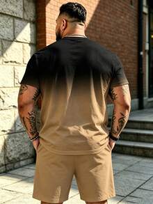 2pcs Plus Size Men's American Streetwear Set, Black-Brown Gradient Base "KING" Crown Print Short Sleeve T-Shirt + Matching Solid Color Drawstring Casual Shorts, Loose Breathable Summer Streetwear Sports Versatile 2-Piece Set - Brown - View 2