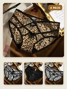 Mystèrelle 4pcs/Set Sexy Semi-Sheer Mesh Lace Hollow Metal Heart Panties For Women, Low Waist Crotch Triangle Briefs - Multicolor - View 11
